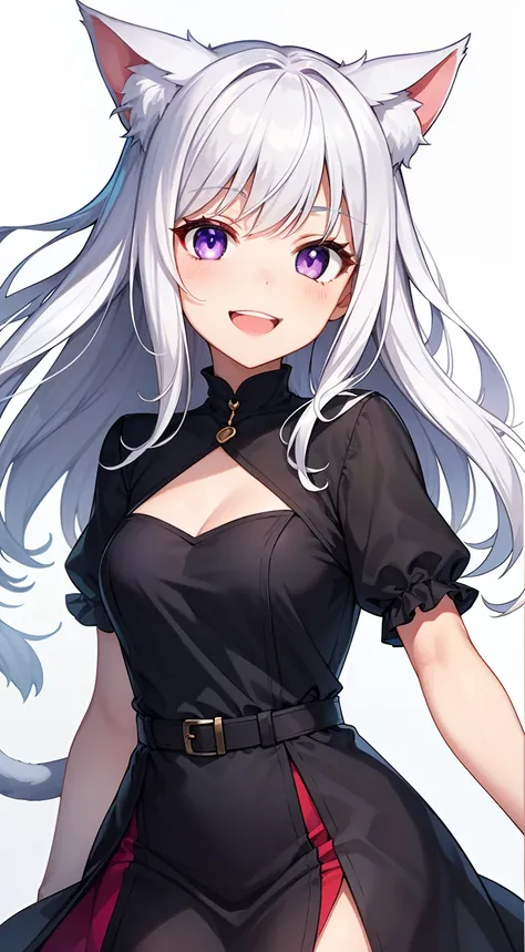 girl with、Purple eyes、white  hair、long、Cats ears、Black Dress、a miniskirt、frilld、White background、front facing、Cool、A smile、show teeth、Mouth opens、the whole、full bodyesbian