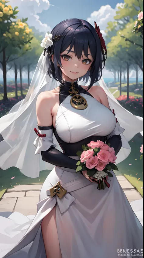 Kujou Sara | genshin impact, master-piece, bestquality, 1girls,25 years old, proportional body, proportional., Wedding Dresses, White Wedding Dress, Long skirt, wedding, ,bara, Standing in the middle of a flower garden, outdoor, wedding, The sky is beautif...