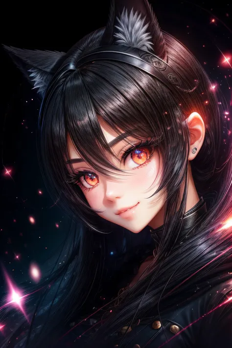 black hair, hair bobbles, wince, longeyelashes, solid circle eyes, fake animal ears, light smile, ear blush, fang, Surrealism, drop shadow, anaglyph, stereogram, tachi-e, pov, atmospheric perspective, glowing light, 8k, super detail, ccurate, best quality ...