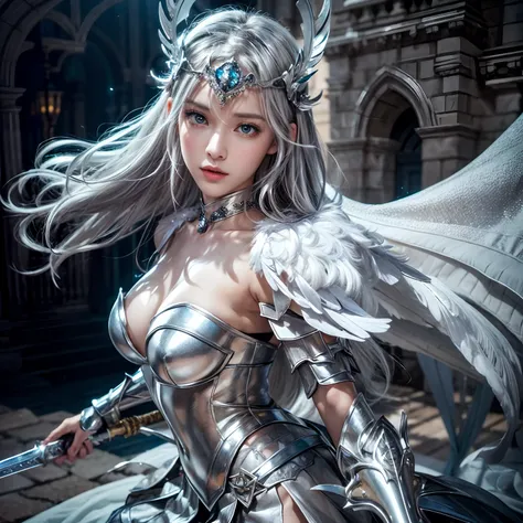 Masterpiece, Best Quality, Surrealism, Ray Tracing, Photorealistic, UHD, Realistic Detail, Best Quality, beautiful girl ,looking at viewer, perfect body , close up , silver hair, circlet helm , silver armor shining color jewelry, feather wing, mini skirt ,...