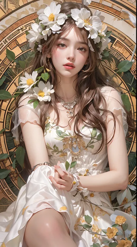 tface retrato de um absurdamente belo, gracioso, elegante,, Fashionable young teenage girl with white petals in her hair, An ultra-thin hyper-detailed illustration by Kim Jung Gi, Iraque Swim, Directed by: Alphonse Mucha, Ayami Kojima, Amor, Greg Hildebran...