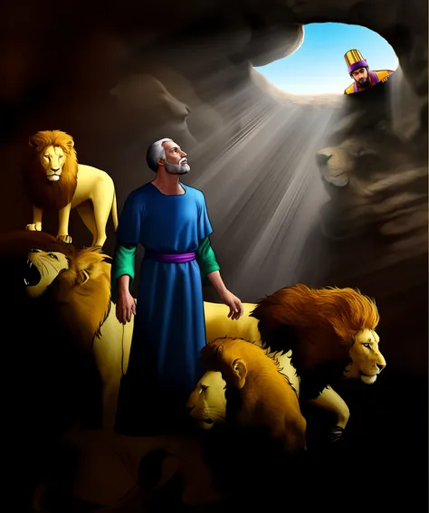 Image of a man standing in front of a group of lions, epic biblical representation, bible illustration, biblical art style, biblical painting, biblical art lighting, Directed by: Darrell Riche, Obra-prima da luz brilhante, badass composition, Luz majestosa...