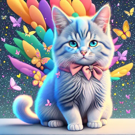 brightly colored cat sitting on a grey surface with butterflies flying around, colorful hd picure, portrait of a lisa frank, beautiful neon cats, cute colorful adorable, cute detailed digital art, digital art animal photo, 4k highly detailed digital art, l...