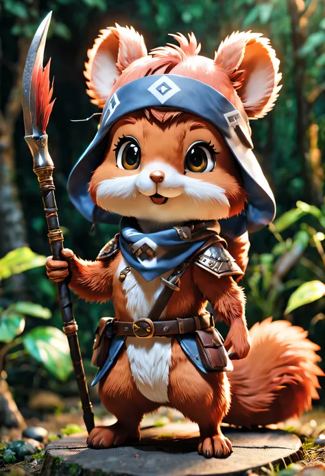 full body Esbian、Cool squirrel、Pop Squirrel、diorama、symple background、White background、bandana、holding a spear in your hand、​masterpiece, Best Quality, Capture super cute moments, depth of fields, ultra-detailliert, Ultra High Resolution, Octadale, 8K, 16 ...