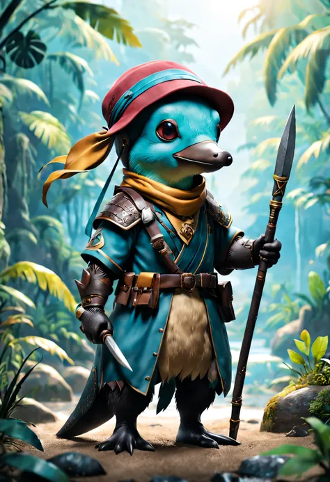 full body Esbian、Cool platypus、Pop platypus、diorama、symple background、White background、bandana、holding a spear in your hand、​masterpiece, Best Quality, Capture super cute moments, depth of fields, ultra-detailliert, Ultra High Resolution, Octadale, 8K, 16 ...