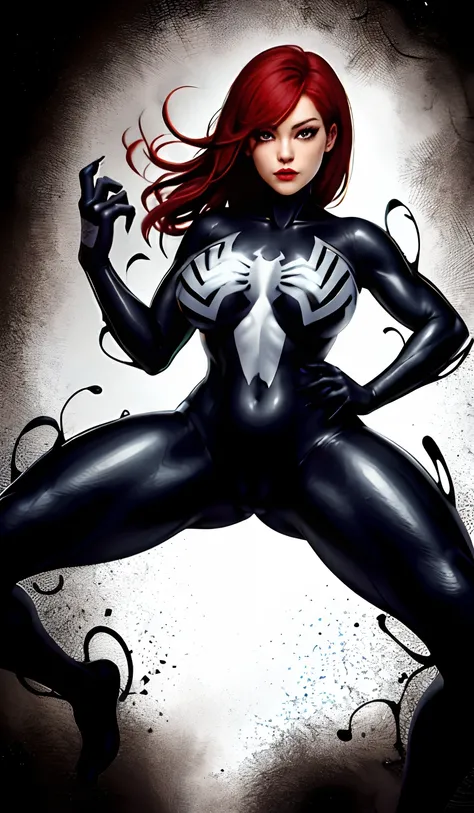 4K，realisticlying，Glamorous，The is very detailed，There is a girl in Dingcheng，Red hair，Wearing a black Spider-Man costume，（Black and white：1.4） the night,symbiote，venomize，a large amount of mucus,she is a spiderman，Black superhero theme，In front of the sky...