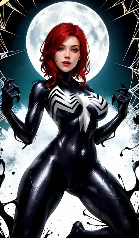 4K，realisticlying，Glamorous，The is very detailed，There is a girl in Dingcheng，Red hair，Wearing a black Spider-Man costume，（Black and white：1.4） the night,symbiote，venomize，a large amount of mucus,she is a spiderman，Black superhero theme，In front of the sky...