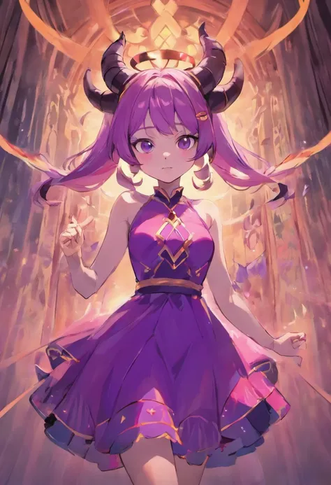 a cartoon drawing of a woman with horns and a purple dress, concept art inspired by loish, deviantart contest winner, fantasy art, portrait of demon girl, demon girl, dnd portrait of a tiefling, girl design lush horns, tiefling, demon anime girl, portrait ...