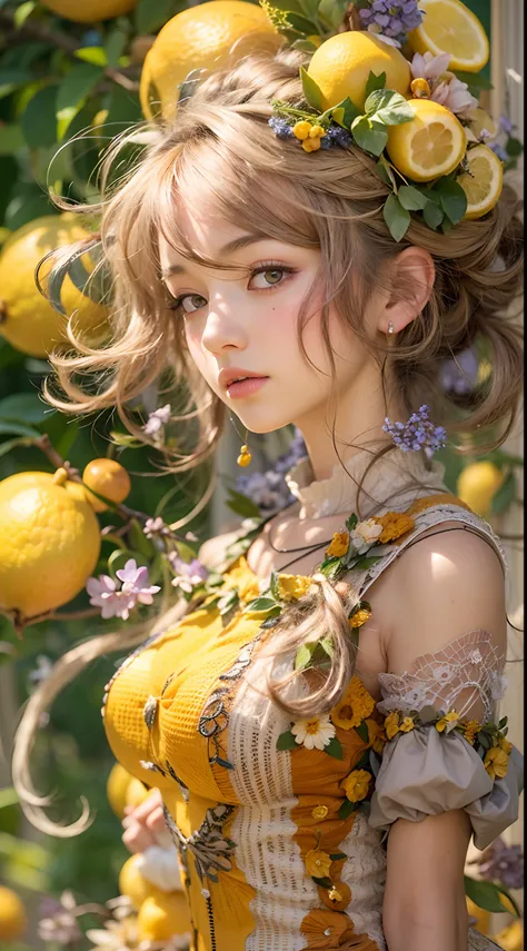 the portrait of an absurdly beautiful, graceful, elegant, sophisticated, teen anime girl made up of lemons looking up, an ultrafine hyperdetailed illustration by kim jung gi, irakli nadar, intricate linework, bright colors, octopath traveler, final fantasy...