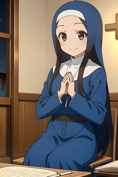 (Realistic),(Photorealistic),Takagi_San, 1girl in, Long hair,((Blue nun clothes)), Brown hair, Part bangs, Long sleeves, Forehead, Cultivated woman，brown shoes, Smile, Looking at Viewer,Prayer Pose，Fold your hands in front of your chest,，masutepiece,Full b...