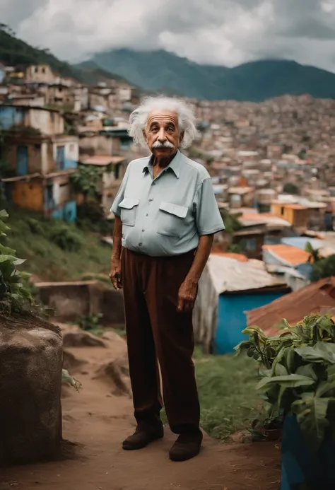 Albert Einstein com uma favela de fundo