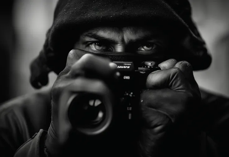 analog style, model photography style, RAW portrait of a palestine soldier covering his face with a black ski mask in his face and with a tank as background, best quality, epic (by photo by Lee Jeffries, sony a7, 50 mm , pores: 1.5, colors, hyperdetailed: ...