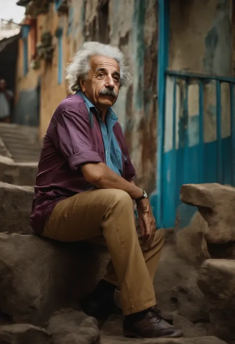 Albert Einstein vestindo um short jeans e uma camisa de futebol com uma favela de fundo