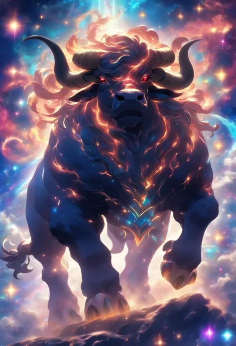 (((Cosmic Bull))) best quality, ultra-high resolution, 4K detailed CG, masterpiece,bull, Persian god, Persian mythology, aesthetic, Beautiful image, centered on screen, full body