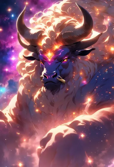 (((Cosmic Bull))) best quality, ultra-high resolution, 4K detailed CG, masterpiece,bull, Persian god, Persian mythology, aesthetic, Beautiful image, centered on screen, full body