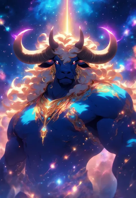 (((Cosmic Bull))) best quality, ultra-high resolution, 4K detailed CG, masterpiece,bull, Persian god, Persian mythology, aesthetic, Beautiful image, centered on screen, full body