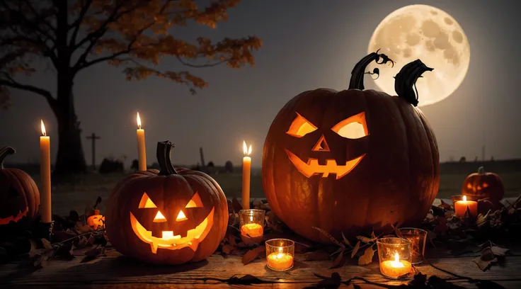 Halloween pumpkin head jack lantern with burning candles, Spooky Forest with a full moon and wooden table, Pumpkins In Graveyard In The Spooky Night - Halloween Backdrop