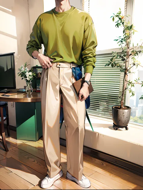 arafed man in a green sweater and beige pants standing in a room, beige, full body picture, detailed style, simple style, taupe, choi, smart casual, business clothes, minimalist style, 🚿🗝📝, smooth color, [ realistic photo ]!!, style, guide, very minimal