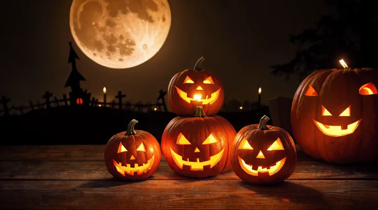 Halloween pumpkin head jack lantern with burning candles, Spooky Forest with a full moon and wooden table, Pumpkins In Graveyard In The Spooky Night - Halloween Backdrop