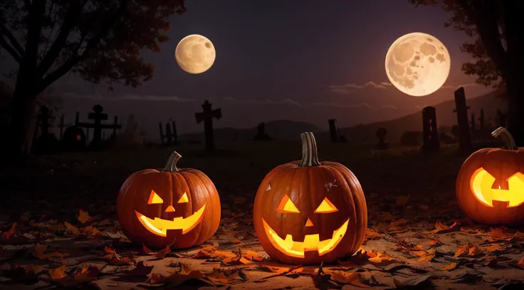 Halloween pumpkin head jack lantern with burning candles, Spooky Forest with a full moon and wooden table, Pumpkins In Graveyard In The Spooky Night - Halloween Backdrop