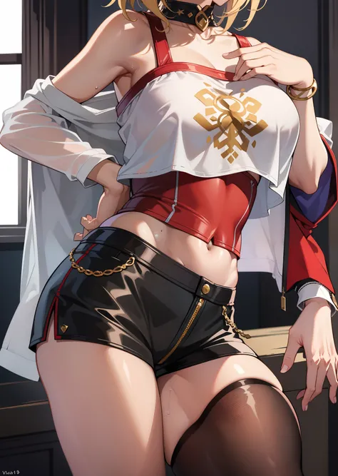 Beautiful, Masterpiece, Best Quality, extremely detailed face, perfect  lighting, mordred (fate), a 1girl, 独奏, blondehair, Green eyes, braid, stands, black shorts, blusher, collarbone, crop-top, looking to viewer, bellybutton, abs, little chest, red shirt,...