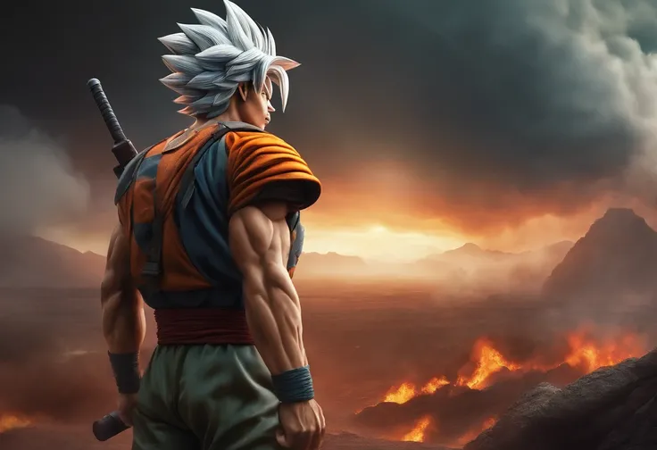 Goku wearing army uniform in a apocalyptic era