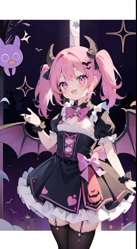 One girl、Pink twin tails、Purple Eye、Small Devil、Cosplay、Small horns、Devils Wings、natta、Halloween、Fantasy background、Laughing、are flying