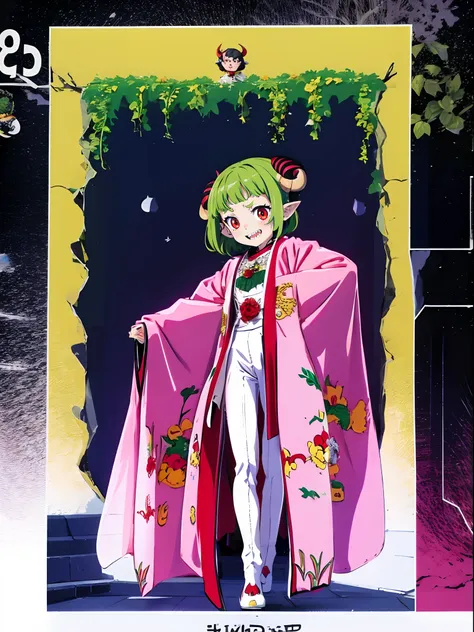 loli, green hair, red eyes, white robe, hornes, sharpteeth, standing solo focus, white robe,demongirl, pants, long skirt, short ...