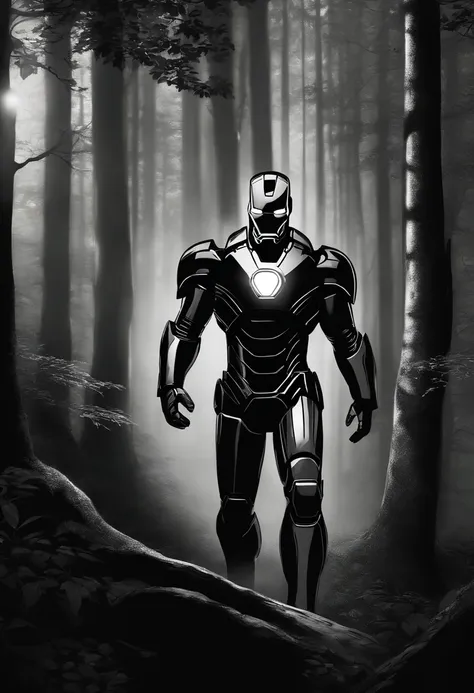 Dessine moi un Iron man noir, In the background a very dark dark forest.