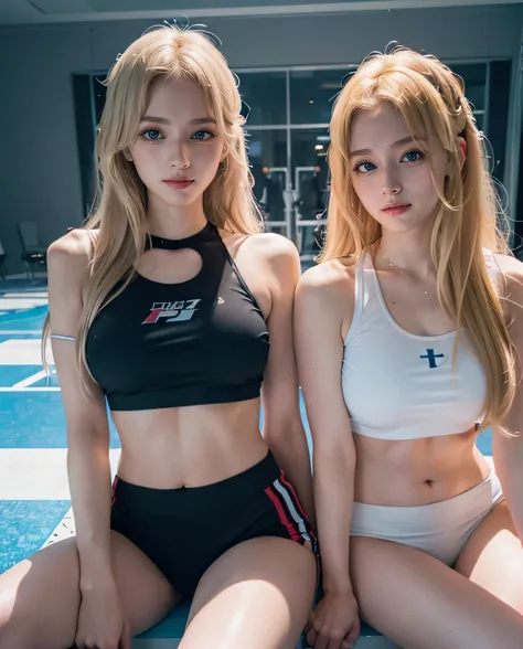 2girl, (Twins), Blue eyes, (smiling), (Sana Minatozaki), wide hips, Big Boobs, big ass, (Best Quality, 8k, Masterpiece: 1.3), perfect hands, Clear Focus: 1.2, Perfect Body Beauty: 1.4 , Slender Abs: 1.2, Highly detailed face and skin texture, detailed eyes...