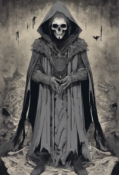 waist up, very old, half of the face deformed and melted, tall, two meters, black aura, scary, dirty, beggar, short gray hair, pale and wrinkled skin, sparse beard, yellowish pupils, hunched posture, penetrating and evil, torn clothes, cloak of raven feath...