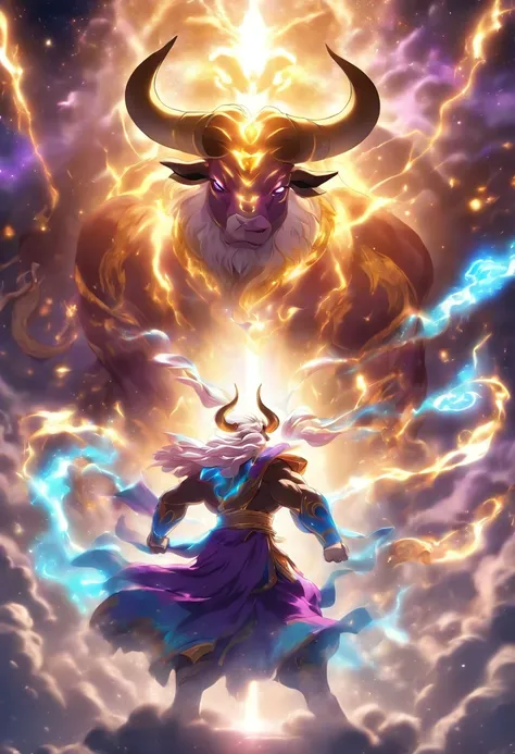 (((God of light vs Cosmic Bull))) best quality, ultra-high resolution, 4K detailed CG, masterpiece, Persian God, God of light, purple Cosmic Bull, Persian clothing, Persian mythology, aesthetics, (( Fighting the Bull)), Beautiful image, centered on the scr...