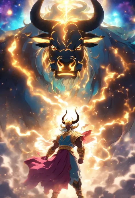 (((God of light vs Cosmic Bull))) best quality, ultra-high resolution, 4K detailed CG, masterpiece, Persian God, God of light, purple Cosmic Bull, Persian clothing, Persian mythology, aesthetics, (( Fighting the Bull)), Beautiful image, centered on the scr...