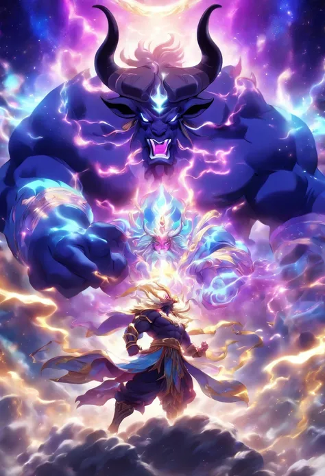 (((God of light vs Cosmic Bull))) best quality, ultra-high resolution, 4K detailed CG, masterpiece, Persian God, God of light, purple Cosmic Bull, Persian clothing, Persian mythology, aesthetics, (( Fighting the Bull)), Beautiful image, centered on the scr...