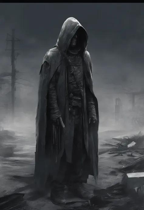 waist up, very old, half of the face deformed and melted, tall, two meters, black aura, scary, dirty, beggar, short gray hair, pale and wrinkled skin, sparse beard, yellowish pupils, hunched posture, penetrating and evil, torn clothes, cloak of raven feath...