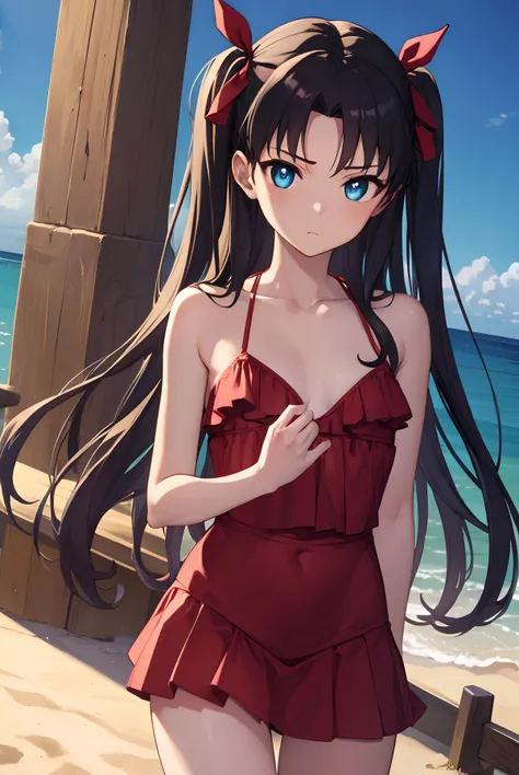 rintohsaka, rin tohsaka, aqua eyes, black hair, hair ribbon, long hair, ribbon, sidelocks, two side up, (small breast:1.2),
BREAK bikini
BREAK outside, beach,
BREAK looking at viewer, BREAK (masterpiece:1.2), best quality, high resolution, unity 8k wallpap...