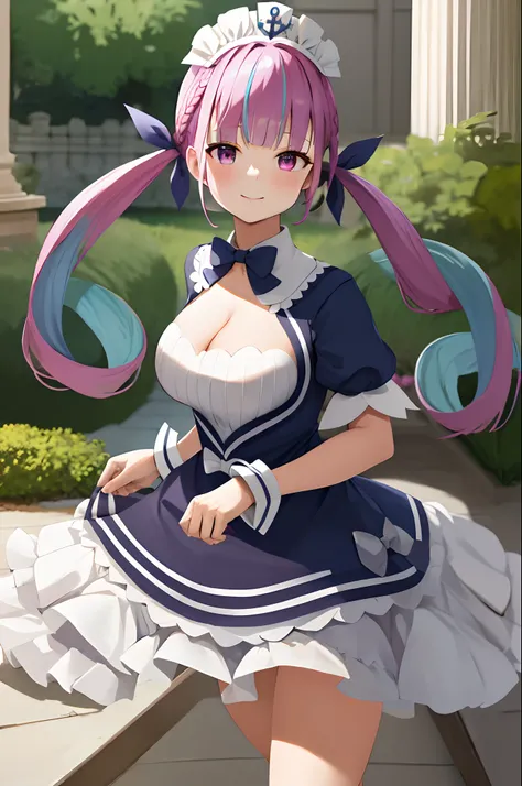 masterpiece, best quality, highres, aaaqua, twintails, drill hair, maid headdress, cleavage, mediumshort sleeves, wrist cuffs, cowboy shot, standing, smile, garden