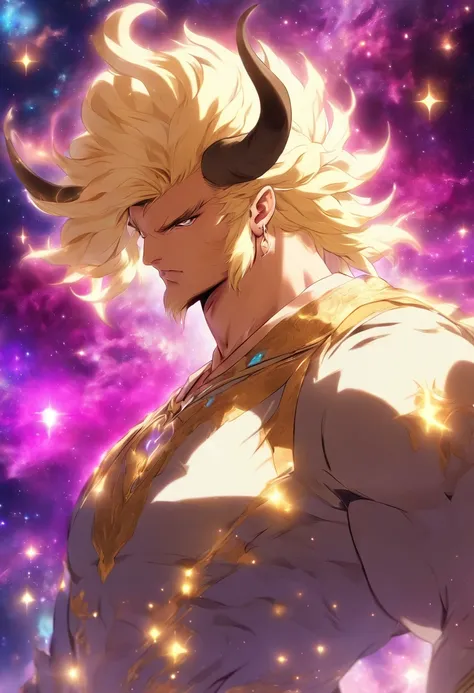 (((Blonde Man,Cosmic Bull))) best quality, ultra-high resolution, 4K detailed CG, masterpiece,Blonde Man,Purple Cosmic Bull, Persian clothing, Persian mythology, aesthetics, ((Man and Cosmic Bull) ), Beautiful image, centered on the screen, full body