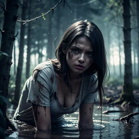 Black Sky, Sinister Night, Woman wrestling in the dark, At the bottom of a deep pit, drowning in a swamp. Standing in the mud. Danger. The surrounding forest is dense, Sinister and gloomy, Casting strange shadows on the ground. Impending Doom. luna, Hidden...