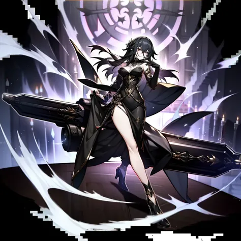 black,goth,black long straight hair,hime cut,black tight long dress,black heels,black elbow gloves,black eyes,black lipstick,pale white skin,elf ears,eyebags,woman,big breasts