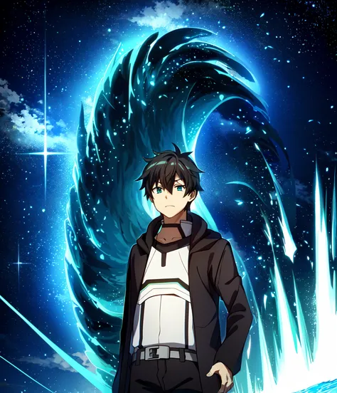 Anime character with a green ring around her neck, an epic anime of a energy man, anime moe artstyle, tsunami behind him, Okata Kazuto., cara de anime alto com olhos azuis, Kirito, Keqing de Genshin Impact, shigenori soejima illustration, arte oficial do p...