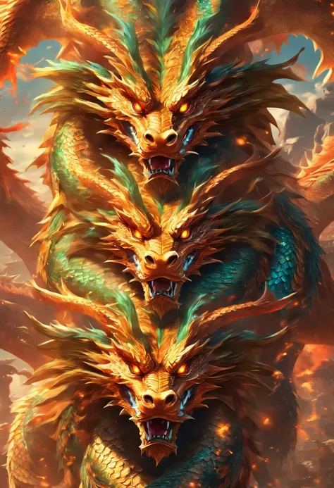 (((Three-headed Dragon))) best quality, ultra-high resolution, 4K detailed CG, masterpiece,Persian demon, Persian clothing, Persian mythology, aesthetics, ((with three heads)), Beautiful image, centered on screen, full body