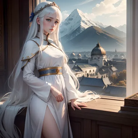 In the background are mountains, a beautiful girl name is Lisa, 18 year old with blue eyes, long white hair, wearing a white tunic is sad, As emperor, Remembering a person