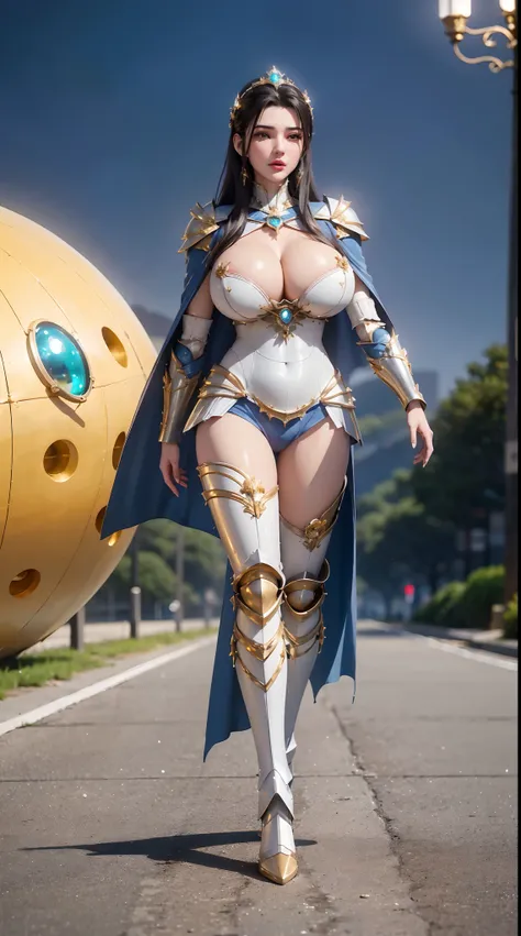 1GIRL, SOLO, (dark hair, hair gold ornament), (HUGE FAKE BOOBS:1.3), (white, sea blue, gold, FUTURISTIC BATTLE ARMOR SUIT, ROYAL CAPE, CLEAVAGE:1.5), (SKINTIGHT YOGA PANTS, HIGH HEELS:1.2), (NSFW GLAMOROUS BODY, SEXY LONG LEGS, FULL BODY:1.3), (FROM FRONT,...