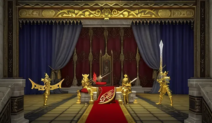 A closeup of a stage with a red carpet and a stage with golden decorations, Sala do Trono, em uma sala do trono, Sala do trono decadente, Espada de Ouro, Espada dourada, Sala do trono primorosamente projetada, Trono do Olimpo, Trono de Ouro, Armadura de ou...