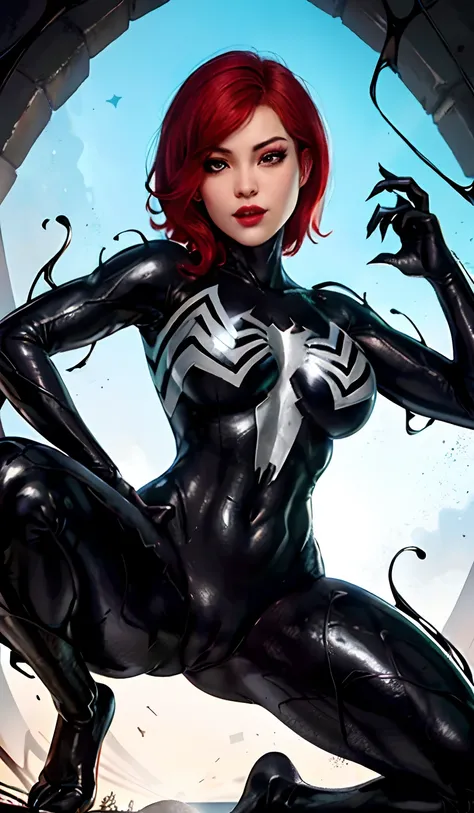 4K，realisticlying，Glamorous，The is very detailed，There is a girl in Dingcheng，Red hair，Wearing a black Spider-Man costume，（Black and white：1.4） the night,symbiote，venomize，a large amount of mucus,she is a spiderman，Black superhero theme，In front of the sky...