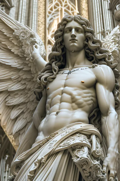 High detail RAW color art, animation, marble skin of a male angel, high angle, marble statue, (((ultra detailed elegant, beautiful face))), (crucifixion), white skin, wearing catholic robe, magical atmosphere, ((long curly hair)), (focus on face), (((gothi...