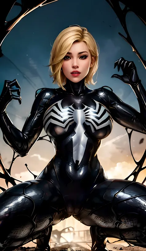 4K，realisticlying，Glamorous，The is very detailed，There is a girl in Dingcheng，Blonde hair，Wearing a black Spider-Man costume，（Black and white：1.4） the night,symbiote，venomize，a large amount of mucus,she is a spiderman，Black superhero theme，In front of the ...