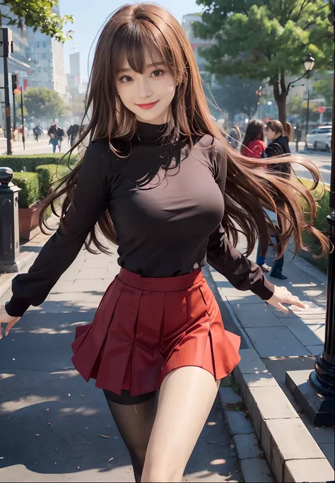 top-quality、Full limbs、complete fingers、Slender beauty、straight haired、Brown hair、((Black Long Sleeve Knit Top))、((Red Mini Flared Skirt))、Brown pantyhose、Beautiful Large Breasts、A big smile、a park、Frolicking、realphoto