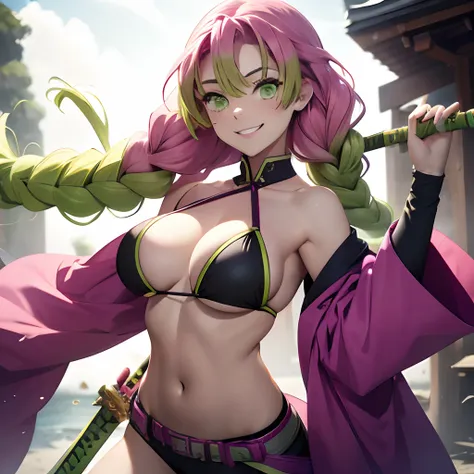 (smile), the bikini, japanese katana sword, holding a sword in his hand,gradient hair, (green eyes:1.5), green hair, mole under ...